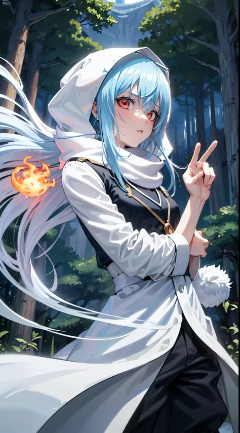 (um personagem adulto de anime tensei shitara slime) Rimuru Tempest, com olhos proeminentes e penetrantes de um (((vermelho escarlate))), who exude an aura of cold determination and a sharp intelligence, (hair is heavenly light blue), fluindo e boca suave ...