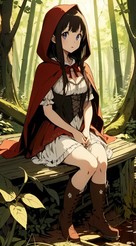 masterpiece, best quality, illustration, highly detailed, chitanda_eru, beautiful detailed eyes, little red riding hood, boots, ...