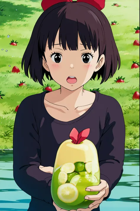 ghibli style, 
kiki (majo no takkyuubin),
1girl, :o, bangs, black eyes, black hair, black shirt, blush, bow, bow hairband, collarbone, day, fingernails, food, fruit, hair bow, hairband, holding, holding food, holding fruit, looking at viewer, open mouth, o...