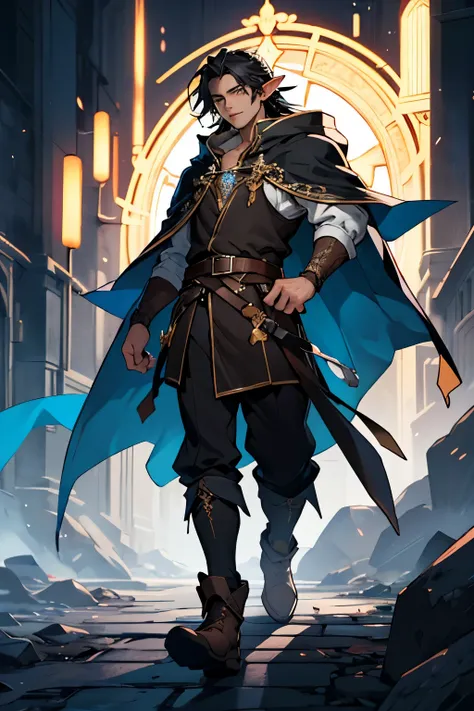 Elf male, black hair, long hair, full body, wizard cloak, gold eyes, maximum quality, detailed eyes