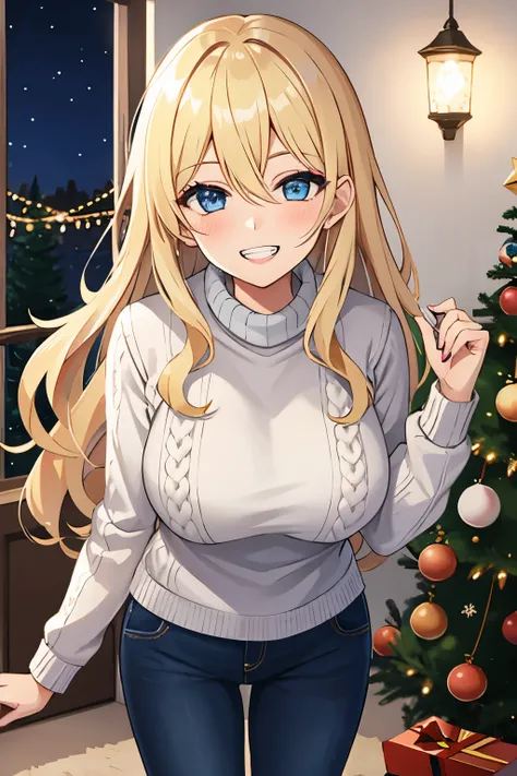 one girl, long wavy hair, blonde hair, blue eyes, hair between eyes,big breasts,(makeup),(happy smile,clenched teeth), sweater, denim jeans,standing pov from front,house, indoor,Christmas tree,night atmosphere