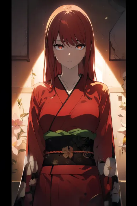 ((((Obra maestra, La mejor calidad, ultrahigh resolution)))), 1girl, standing, ((wearing a red kimono)), long hair cut, pale skin, ((brown eyes)), (glowing_eyes, luminescent eyes), (ultra detailed eyes:0.7, beautiful and detailed face, detailed eyes:0.9), ...