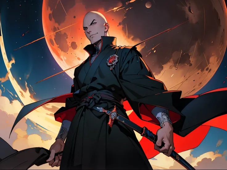 anime style, bold lines, oil painting, bald fantasy sword master in black robes with evil smirk, masterpiece, intricate details, night sky with red moon background, brilliant colors, dynamic angle, 1980 1990 anime retro nostalgia, masterpiece --ar 16:9 --s...