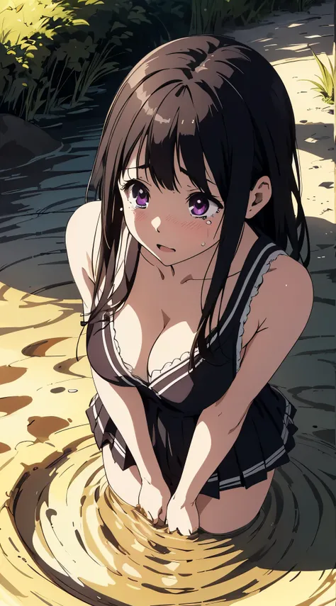 masterpiece, best quality, illustration, highly detailed, chitanda_eru, beautiful detailed eyes, (looking down:1.2), cleavage, (quicksand:1.3), cheerleader, tears, crying