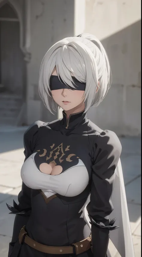 (extremely detailed CG unity 8k wallpaper), (masterpiece), (best quality), (ultra-detailed), (best illustration), (best shadow), (absurdres), 2b, 1girl, short hair, long ponytail, normal size boobs, white hair, blindfold solo, Intimidating women, admiral u...