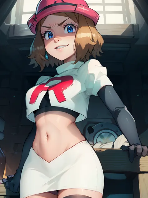 serena, blue eyes ,pink hat, glossy lips, light makeup ,team rocket uniform, red letter R, white skirt,white crop top,black thigh-high boots, black elbow gloves, evil smile, evil face ,looking at viewer, cowboy shot