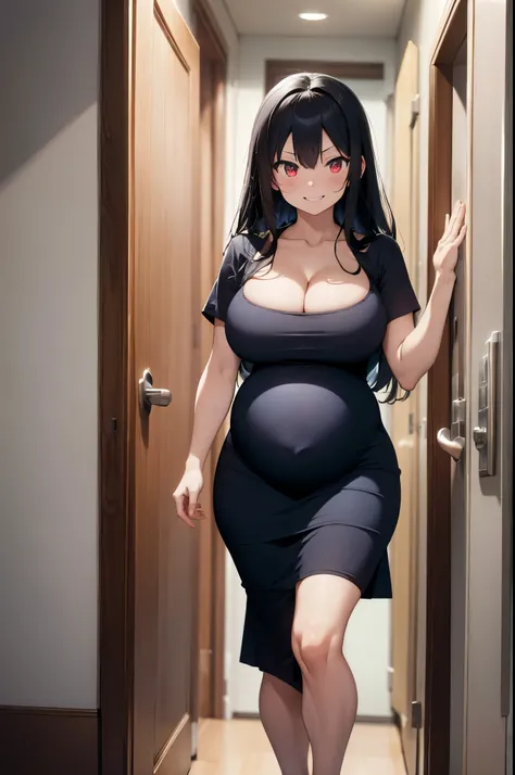 pregnant woman; tight, long dark blue dress; black hair; big boobs; cleavage; evil grin; standing in door of apartment; leaning against the door; red eyes; beautiful; holding her belly with one hand; evil