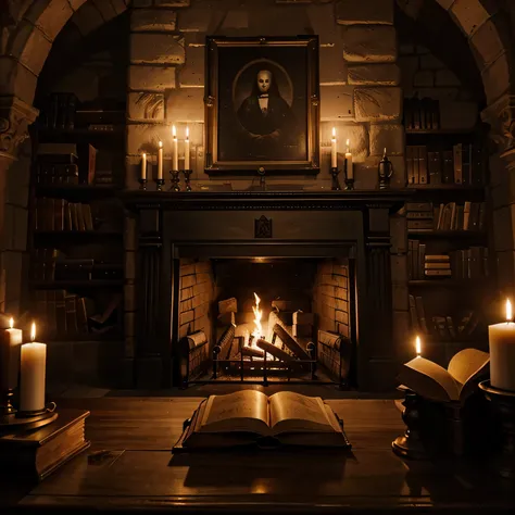 gothic, middle ages, dungeon room, torches on the walls, library on the background, a big book and candle on the table, wide angle, fireplace,