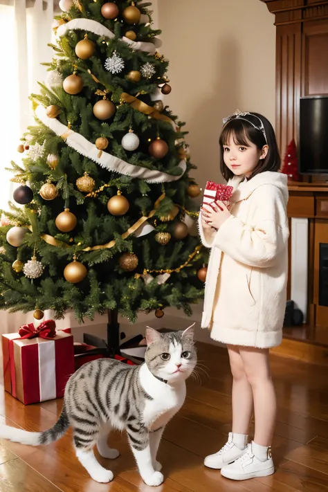 1 girl , 1 scottish fold cat, christmas tree.