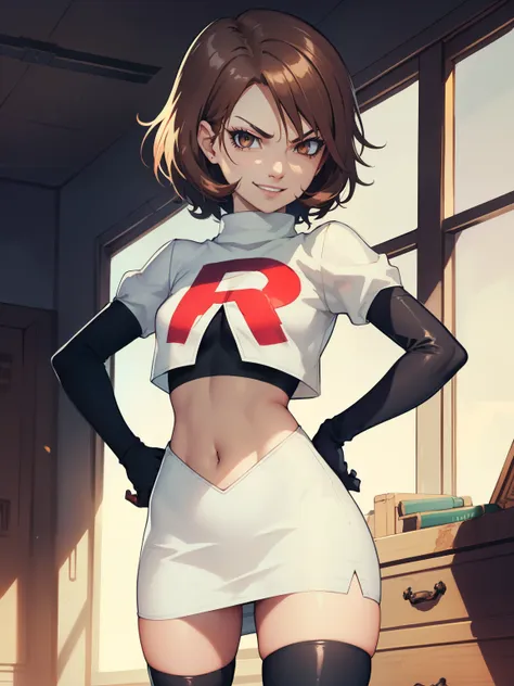 brown hair, short hair, glossy lips, eye shadow ,team rocket uniform, red letter r, white skirt,white crop top,black thigh-high ...