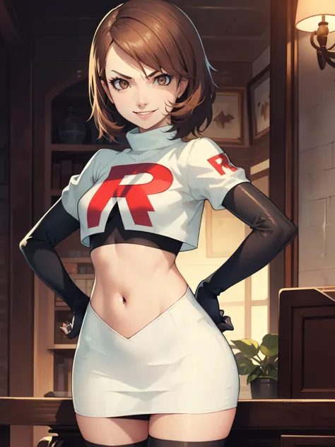 brown hair, short hair, glossy lips, eye shadow ,team rocket uniform, red letter r, white skirt,white crop top,black thigh-high ...