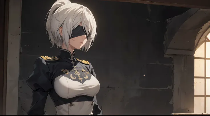 (extremely detailed CG unity 8k wallpaper), (masterpiece), (best quality), (ultra-detailed), (best illustration), (best shadow), (absurdres), 2b, 1girl, short hair, long ponytail, normal size boobs, white hair, blindfold solo, Intimidating women, admiral u...