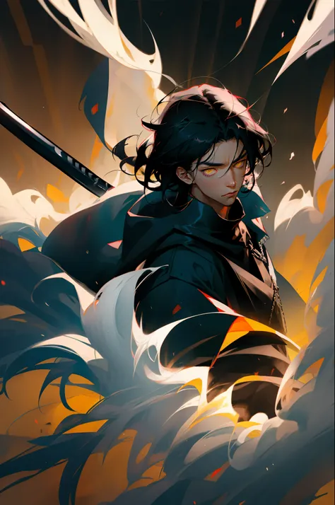 Anime,
 boy black clothes black coat 1 black katana Black hair, fight, boy white hair ,yellow eyes ,covered in bandages, white clothes unarmed, dark warehouse, soft light, night