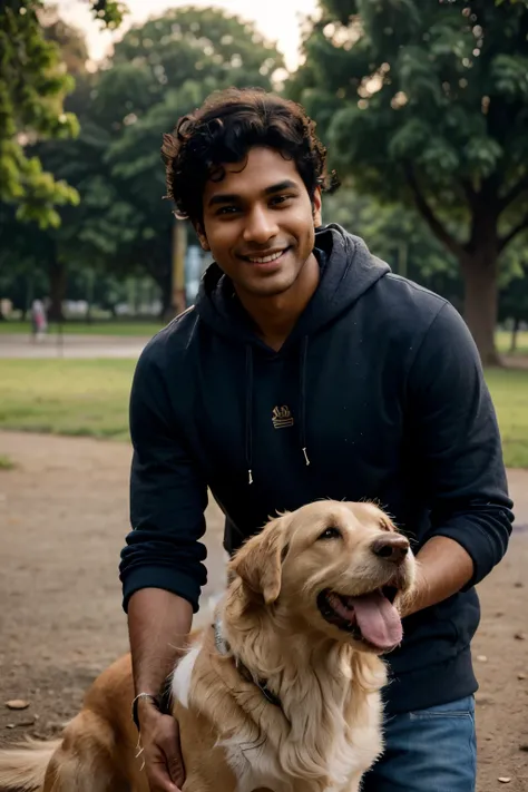 photo of an indian man in a park during the evening, slim body, clean shaven face, messy medium curly hair, wearing a black hoodie and blue jeens, candid photo, playing with a golden retriever, medium upper body shot, looking at the camera, shallow depth o...