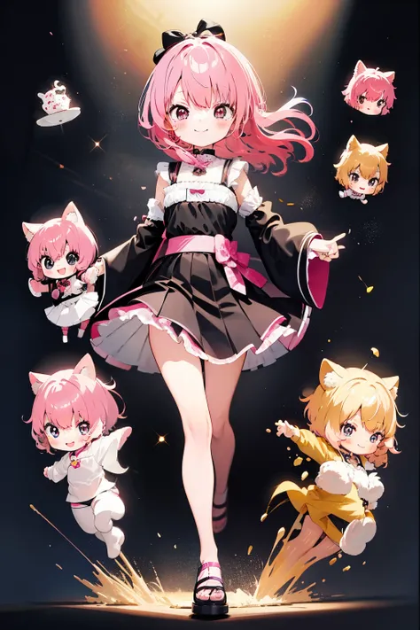 ((Best Quality)), ((masutepiece)),1 girl， animemanga girl，Q Version Characters，Infant body type，Very short in height，Pink hair，a black skirt，A wry smile