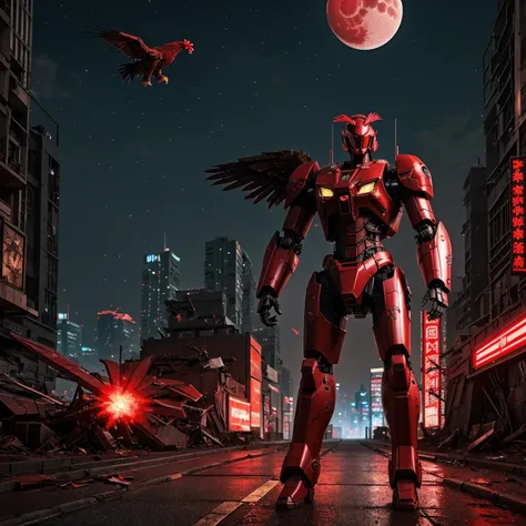 Red theme, phoenix mecha, head for rooster chicken head, mecha wings, cyberpunk, best quality, masterpiece, unmanned, full body, mechanical marvel, strong, moon, ruined city, highest quality digital art, stunning art, wallpaper 4k, highly detailed, militar...