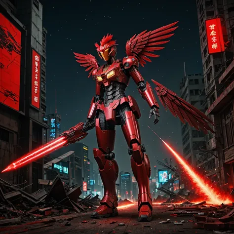 Red theme, phoenix mecha, head for rooster chicken head, mecha wings, cyberpunk, best quality, masterpiece, unmanned, full body, mechanical marvel, strong, moon, ruined city, highest quality digital art, stunning art, wallpaper 4k, highly detailed, militar...