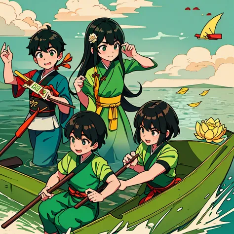 dragon boat festival, on the surface of the water there are 3 children wearing hanfu paddling on the dragon boat, there are deli...