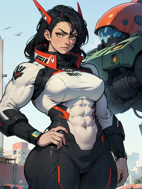 ((((muscular girl thick large breats toned body)))) sad girl black hair yellow eyes pale skin mecha mecha mecha mecha mecha mecha