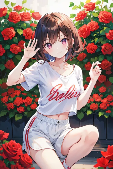 masutepiece, a young beautiful girl, Smiling, Looking at the camera, Stand in front of a mass of roses, Wearing shorts and T-shirt, White sneakers. Wearing tops and shorts, Flowers, fully body photo, Casual pose, Slender legs