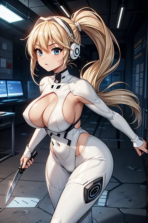 4K,hight resolution,One Woman,White blonde hair,poneyTail,head phone,Colossal tits,ninjartist,White Cybersuit,Knives,underground city