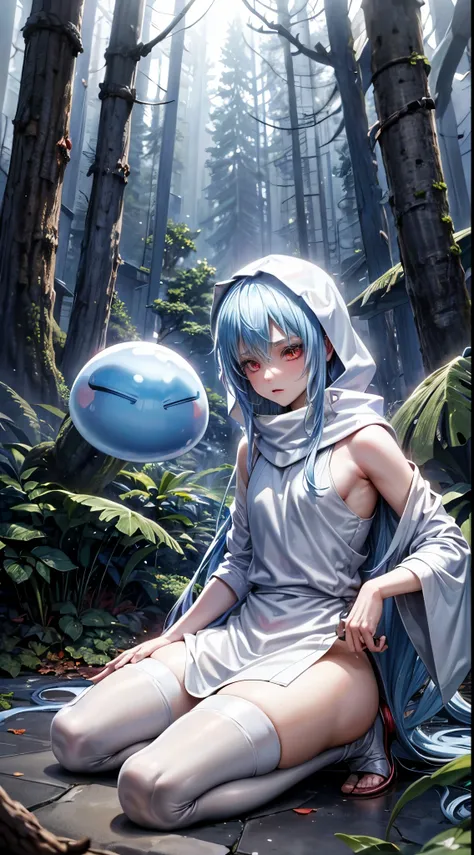 (a teenage tensei shitara slime anime character) Rimuru Tempest, with prominent and piercing eyes of a (((scarlet red))), which exude an aura of cold determination and a sharp intelligence, (hair is light heavenly blue), flowing and smooth, neutral mouth, ...