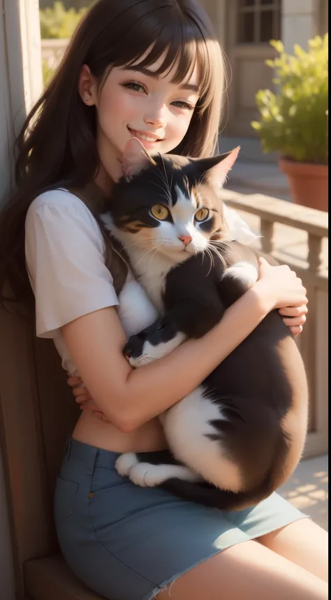 girl hugging a cat,  smiling.