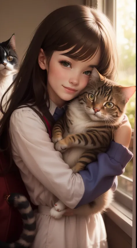 girl hugging a cat, both of them are smiling.