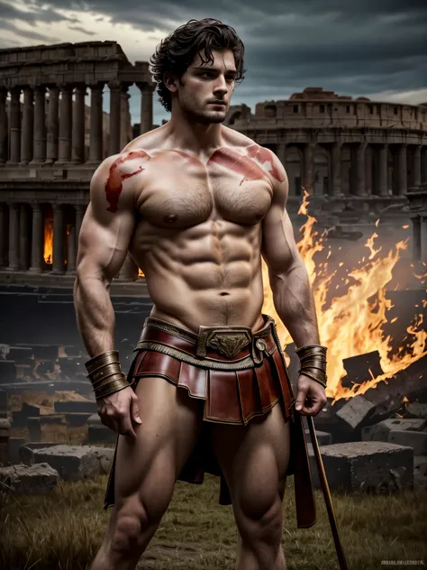 ((masterpiece)),((best quality)),8k, high detailed, ultra-detailed, Stylish Pose, real skin texture, cinematic lighting, full body shot, 35 mm lens, masculine, 26-year-old Italian male model, handsome Roman, he is the god of war, he is Ares, Mars, evil-loo...