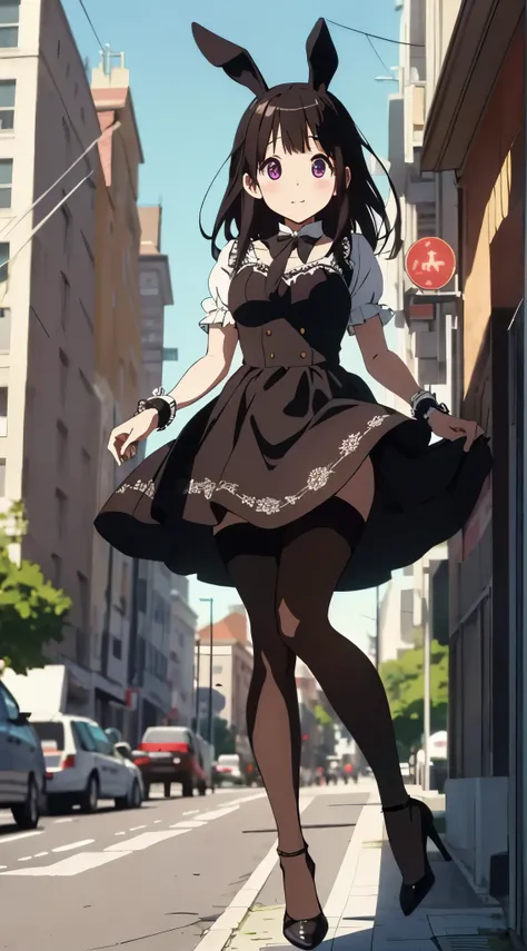 masterpiece, best quality, illustration, highly detailed, chitanda_eru, beautiful detailed eyes, (bunny), bunny eaes, detached collar, wrist cuffs, pantyhose, high heels, city street