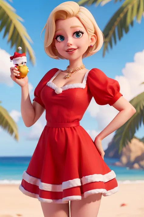 mulher blonde, short hair, praia, wearing christmas costume, decote, vaidosa, vestido rosa, batom vermelho, large lips, uma personagem alegre no estilo Disney Pixar