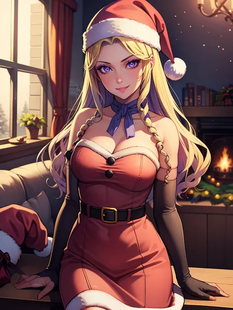 1girl, solo, masterpiece, best quality, high res, highly detailed, (illustration), beautiful detailed eyes, constance_timeskip, purple eyes ,glossy lips, makeup, smile, long white elbow gloves, cowboy shot, (santa), red santa dress, santa hat, strapless dr...