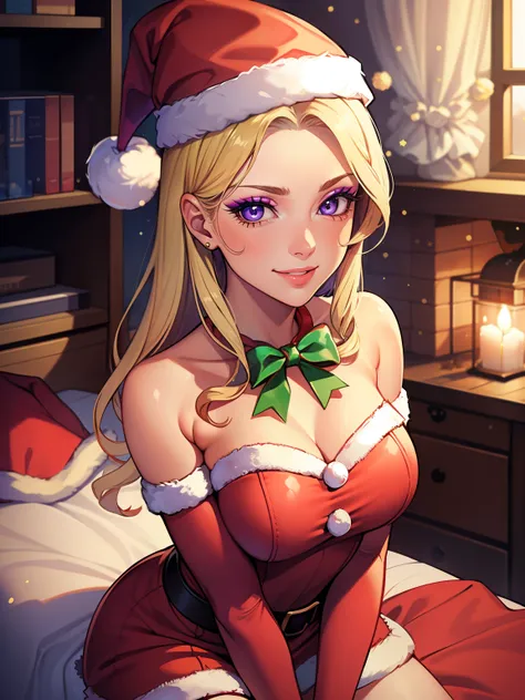 1girl, solo, masterpiece, best quality, high res, highly detailed, (illustration), beautiful detailed eyes, constance_timeskip, purple eyes ,glossy lips, makeup, smile, long white elbow gloves, cowboy shot, (santa), red santa dress, santa hat, strapless dr...