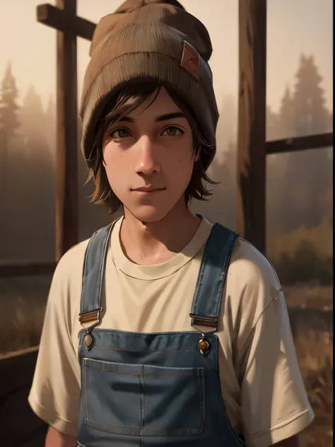 White 1800s older boy in brown overalls and a beanie standing in front of a wooden structure, small character. unreal engine 5, matte painting portrait shot, 8k portrait render, rendered in unreal engine 5, rendered unreal engine 5, arnold maya render, mad...