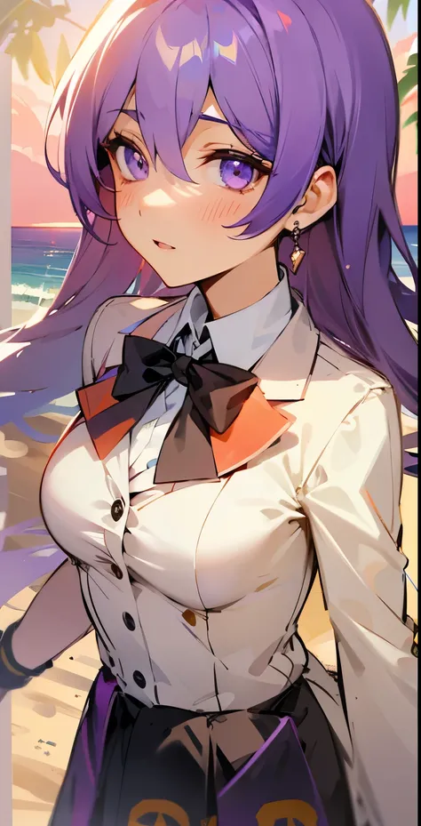 purple hair purple eyes，8K分辨率，sandbeach，beachside，the sunset