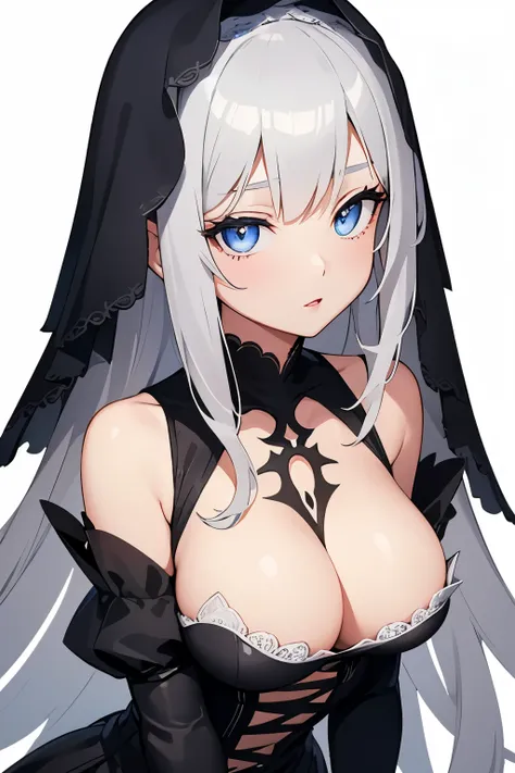 1girl, anime, cute girl, blank background, white background, fantasy, detailed dark fantasy dress with highlights, beautiful face, beautiful eyes, dark colors, silver hair, slightly small breasts, slight cleavage, beautiful skin, cute, breast curtains, ext...