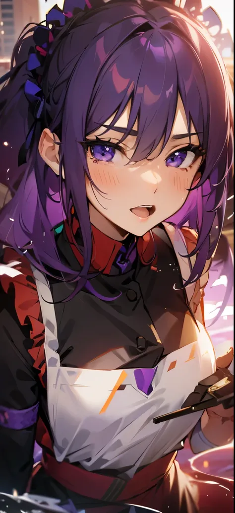 purple hair purple eyes，8K分辨率，sandbeach，beachside，the sunset