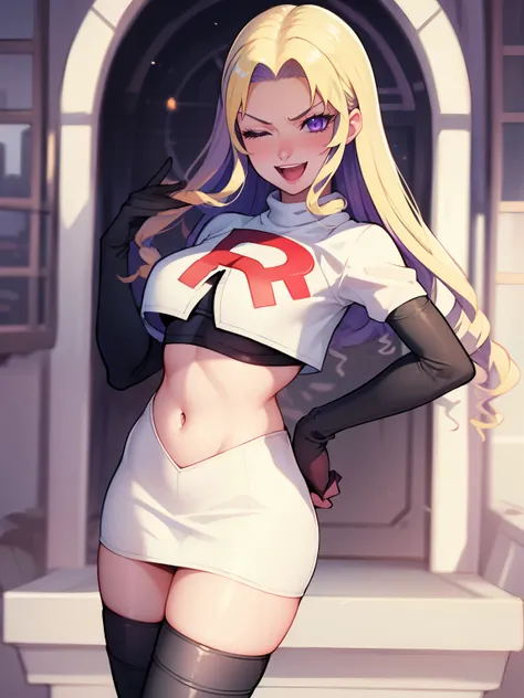 constance_timeskip, purple eyes glossy lips ,team rocket uniform, red letter r, white skirt,white crop top,black thigh-high boot...