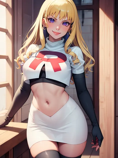 constance_academy, purple eyes glossy lips ,team rocket uniform, red letter R, white skirt,white crop top,black thigh-high boots, black elbow gloves, evil smile, looking at viewer, cowboy shot