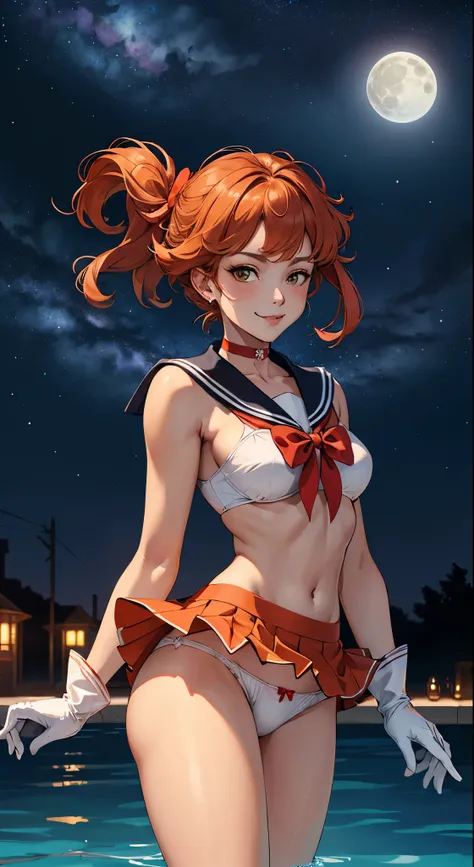 masutepiece, Best Quality, hight resolution, SV1, Sailor Senshi Uniform, Orange skirt, Poolside in summer、summer sunlight、gust of wind、White panties visible from the miniskirt、Bikini Panties、White shorts visible from the white miniskirt、short view、elbow gr...