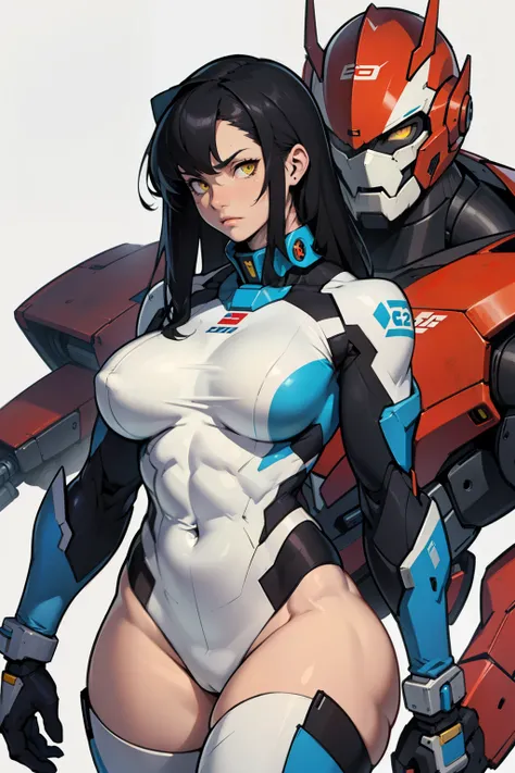 (((muscular girl thick large breasts toned body))) sad girl black hair yellow eyes pale skin mecha mecha mecha mecha mecha mecha