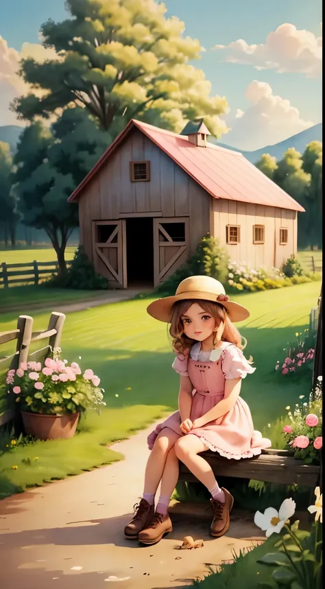 Beautiful watercolor cute little farm scene with animals, lovely dm high resolution with wooden barn cute flowers with a beautiful girl sitting in light pink outfit brown shoes and beautiful hat