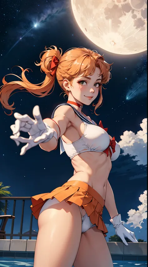 masutepiece, Best Quality, hight resolution, SV1, Sailor Senshi Uniform, Orange skirt, Poolside in summer、summer sunlight、gust of wind、White panties visible from the miniskirt、Bikini Panties、White shorts visible from the white miniskirt、short view、elbow gr...