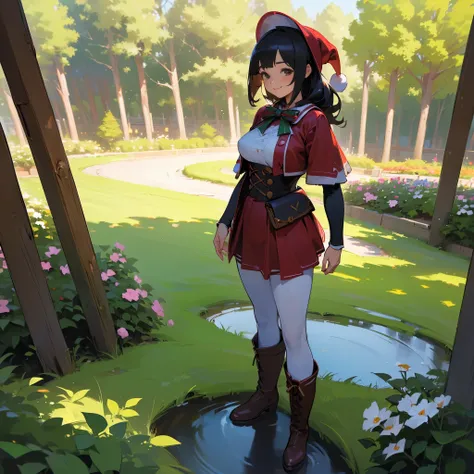 (High quality, High resolution, Ultra-detailed, Realistic:1.37), peaceful ambiance, (plein air, garden), Teenage girl standing alone, (My breasts are big.), Beautiful detailed features, Cute smile, (Black bob hair), Santa Claus Costume, a red skirt, Black ...