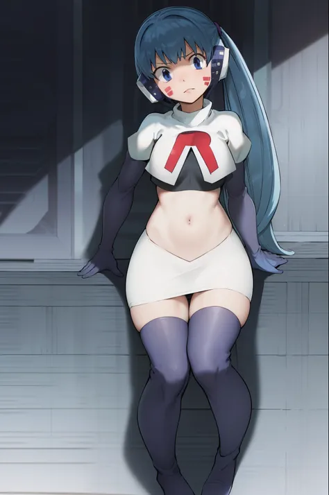 masterpiece, best quality, pov, harmit1, 1girl, solo, blue eyes, blue hair, long hair, twintails, facial mark, headphones, 
team rocket,team rocket uniform, red letter R, white skirt,white crop top,black thigh-highs,black elbow gloves