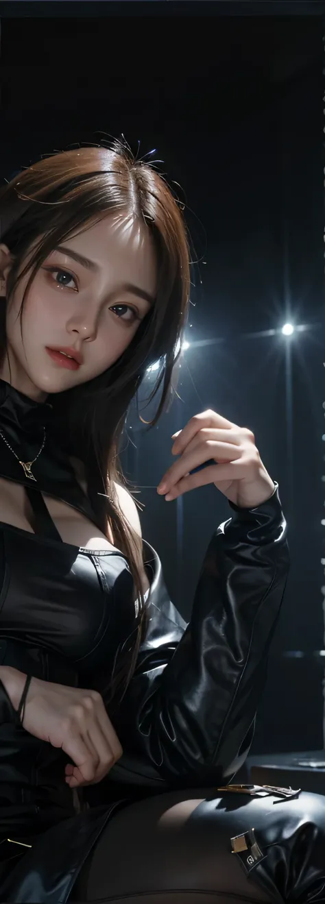 rays of sunshine, rays of sunshine, (Well-defined abs : 1.1), (perfect body figure : 1.1), (with long coiled hair : 1.2) , auburn hair, collars, Nipple chains, fully body photo, crowding street, Wearing black cyberpunk clothing，((Accurately executed CG 8k ...