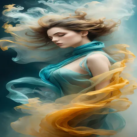 arafed photo of a woman with a blue dress and yellow scarf, flowing cloth and smoke, karol bak uhd, ethereal beauty, draped in flowing fabric, gorgeous digital art, flowing fabric, beautiful gorgeous digital art, beautiful digital art, silk flowing in wind...