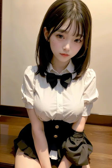 incredibly absurd, beautiful and cute 20-year-old Korean girl with a photorealistic face, showcasing top-quality craftsmanship. Her slender frame adorned with short, messy hair. The artwork high-resolution, allowing for ultra-detailed features to be captur...