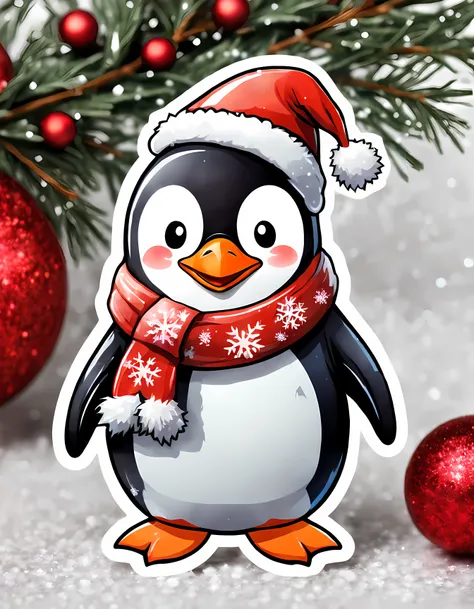 (sticker). | masterpiece in maximum 16k resolution. | (cute sticker of a happy penguin dressed in a santa hat and a scarf). | su...