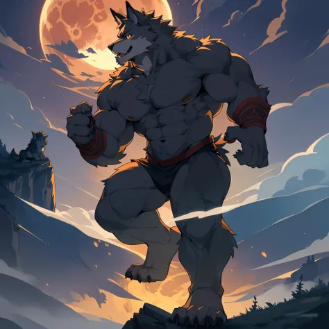 top quality, best quality, High-quality illustrations, masterpiece, depth of field(highly detailed beautiful face and eyes)absurdres, perfect anatomy, Werewolf, howling, red full moon, on cliff, fog(kemono, super handsome boy, solo focus, muscle, hero pose...